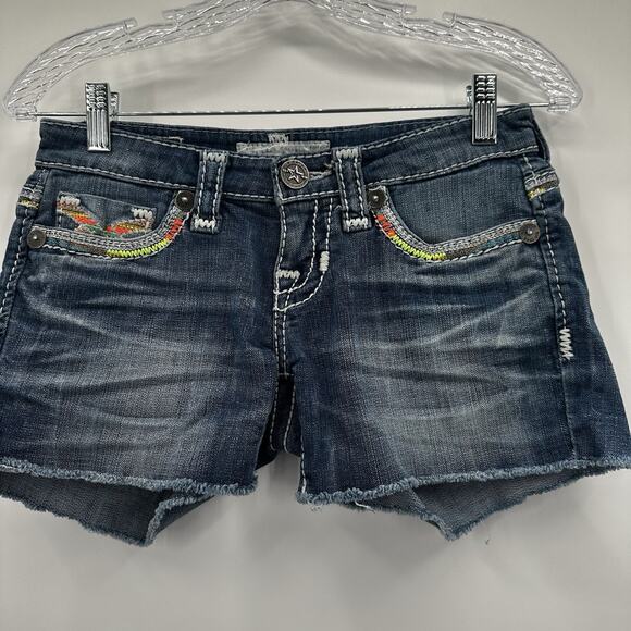 Big Star Shorts Womens 24 Blue Denim Jean MulticolorNeon Embroidered Distressed - Picture 4 of 14